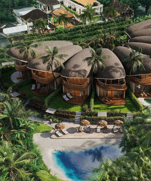 boutique hotel in bali by archigods opens like a blooming ring of pistachio shells